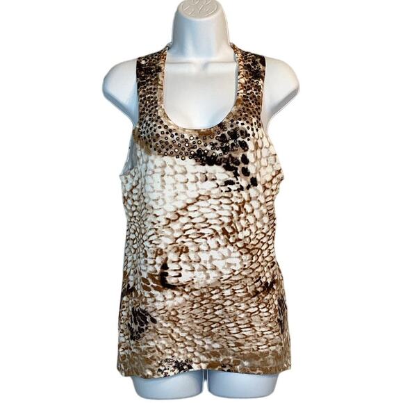 Cache Womens Sleeveless Snakeskin Print Beaded Scoop Neckline Stretchy Blouse M - Picture 1 of 10